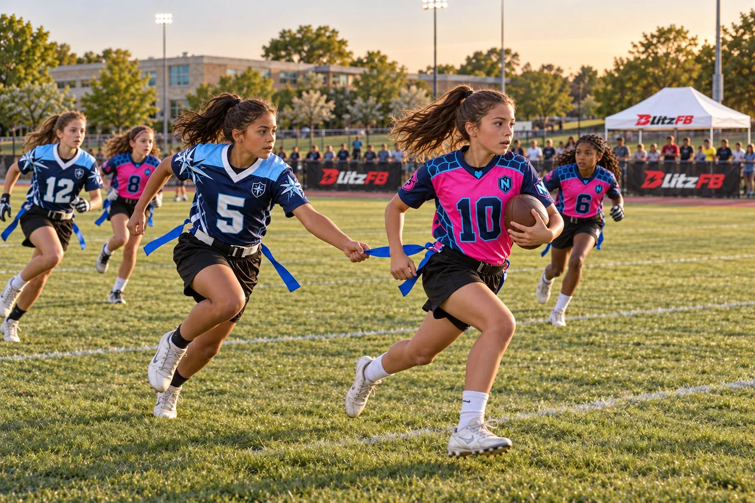 Nexus ball carrier running past an opposing United defender in girls’ BlitzFB action